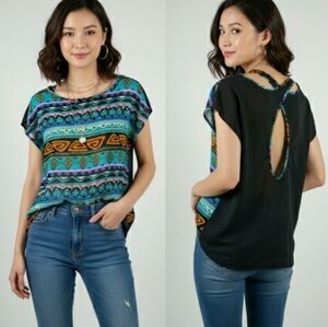 Women's sheer colorful Short Sleeve top with criss-cross back size small